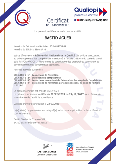 Certificat Qualiopi n° 24FOR02252.1 délivré par QUALITIA Certification, valable du 22/12/2024 au 21/12/2027